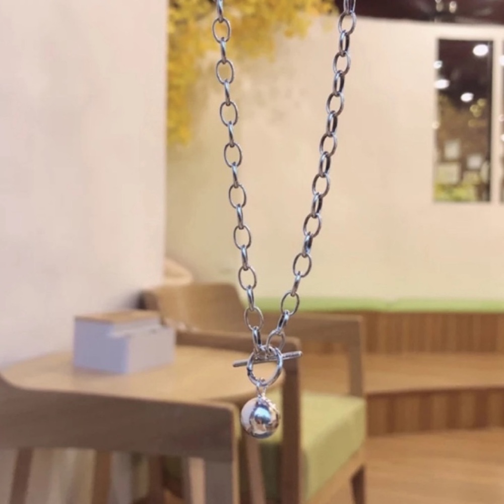 Minimalist Silver Toggle Necklace with Polished Sphere - Picture 4 of 6